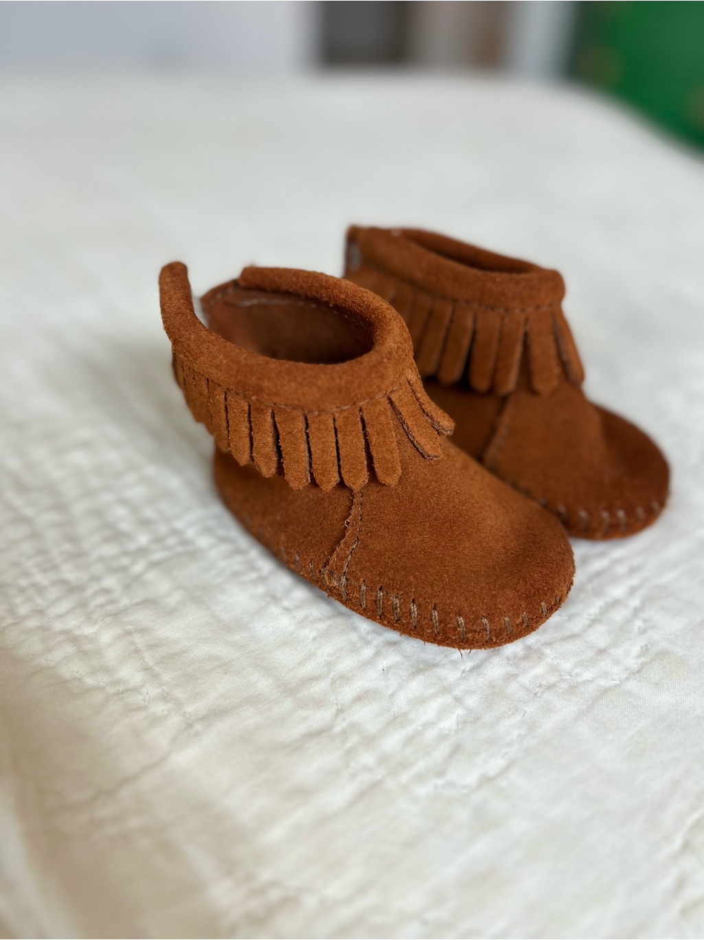 Minnetonka Suede Fringe Moccasins In Rust Brown- Toddler/Baby Size